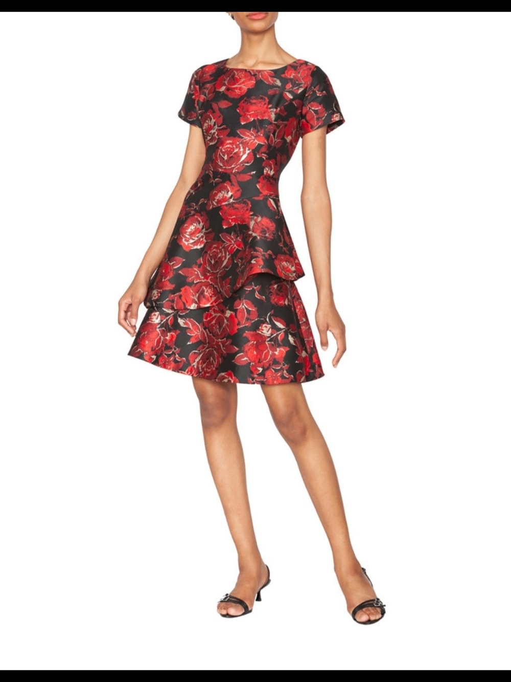 Women's Red Floral Layered Short Sleeve Mini Dress